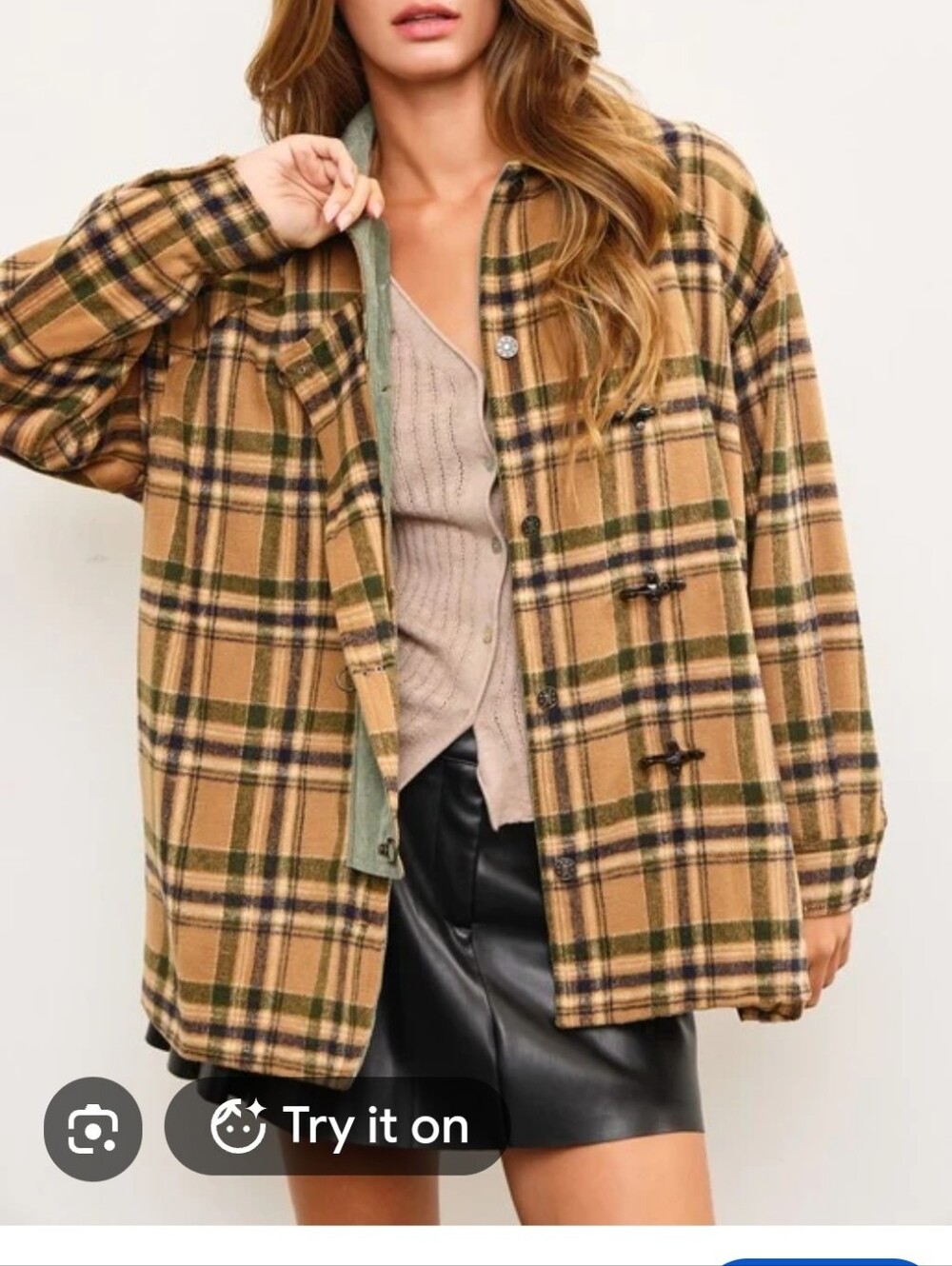 Mustard Seed Tan & Olive Plaid Trench Shacket/ Size Small